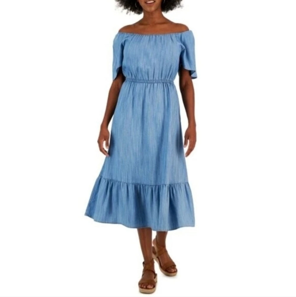 Style & Co Women's On/Off-The-Shoulder Blue Denim Chambray Maxi Dress Lyocell XS
